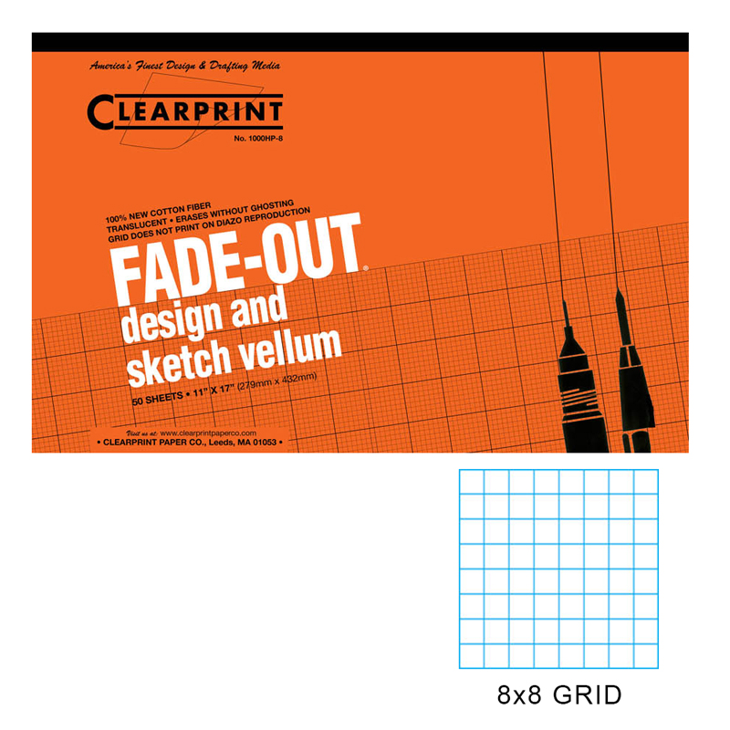 11x17 Inches 1000H 100/% Cotton 16 LB 26321641511 60 GSM 50 Translucent White Sheets 1 Each Clearprint Vellum Pad with 8x8 Fade-Out Grid